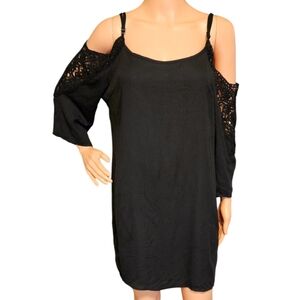 WM Black Shift Dress Cold Shoulder Crochet Cutout Sz LG LBD Date Night Flirty